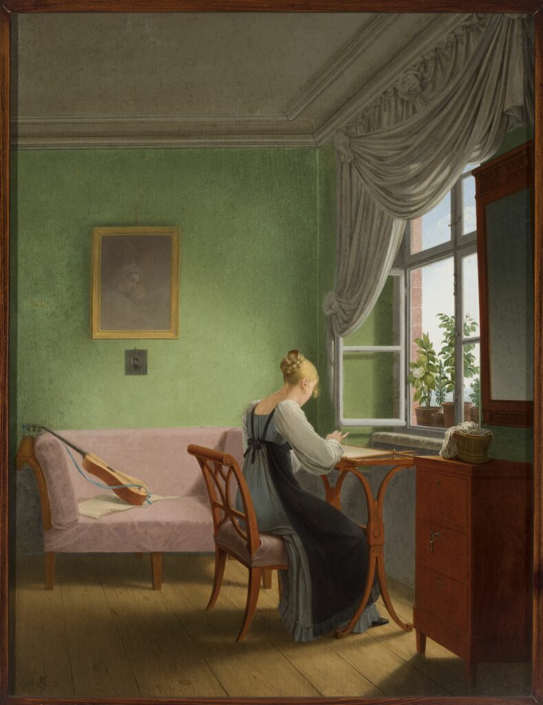 Nineteenth century painting showing wmbroiderer by the window.