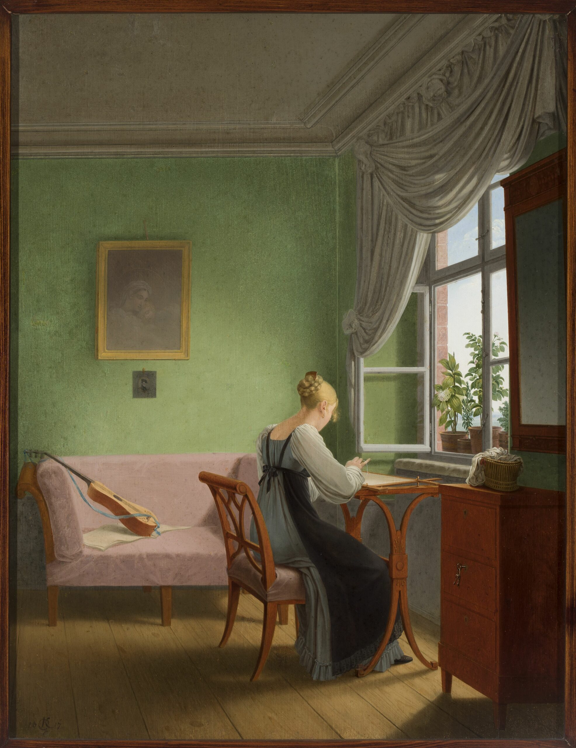 Nineteenth century painting showing wmbroiderer by the window.