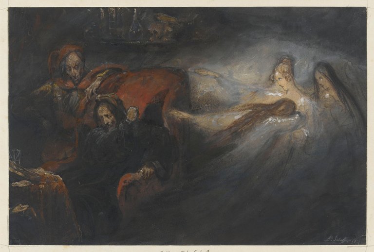Ary Scheffer, Faust in his study, Mephistopheles, and three female ghosts