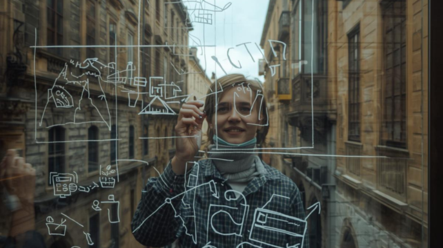 The reflection of a young man merges with historic buildings beyond a glass pane etched with diagrams, symbolising the planning of the future through urban memory