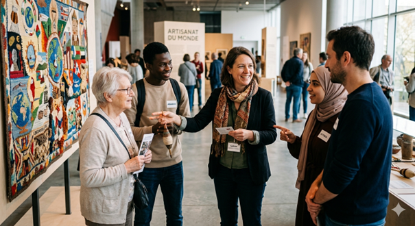 A group of people of all ages talks in the hallway among works of art. They are smiling.