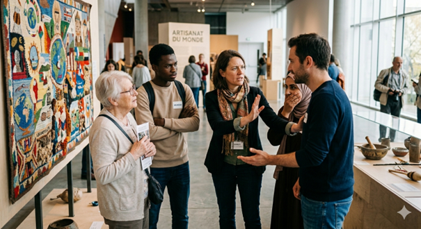 A group of people in various age disputing in a hallway with works of art.