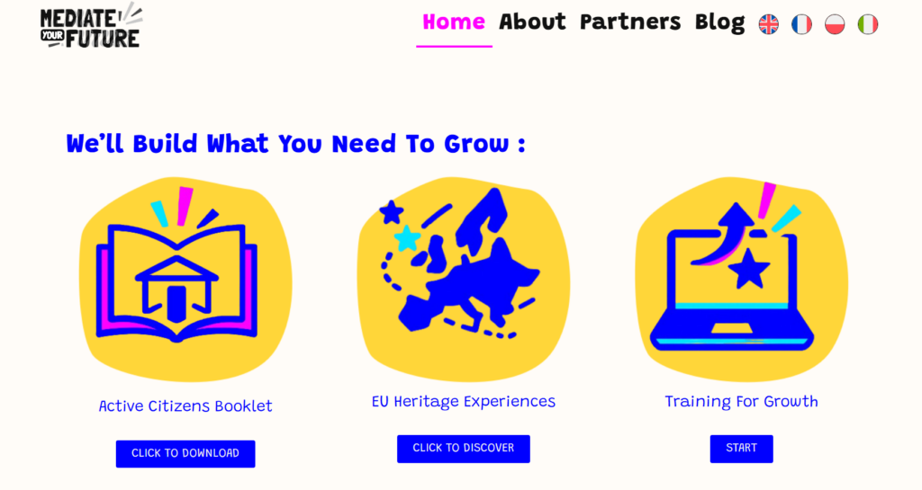 Screenshot of the Mediate Your Future website with three icons-links to the project resources